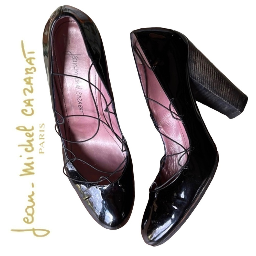 Jean-Michel Casabas Made in Italy Black Patten Leather 4” Stacked Heel SZ 38